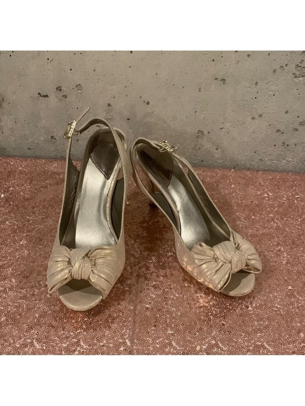 Mootsies Tootsies Satiny Gold Open Toe Sling Back Heels - Size 6.5